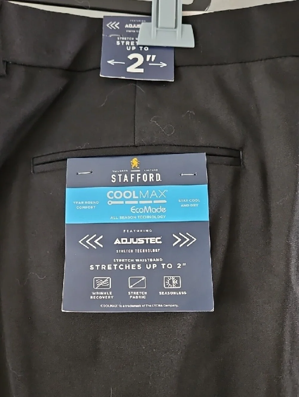 Stafford Black Men’s Dress Pants 42x30 NWT Coolmax With Stretch Waist Black - Picture 7 of 8